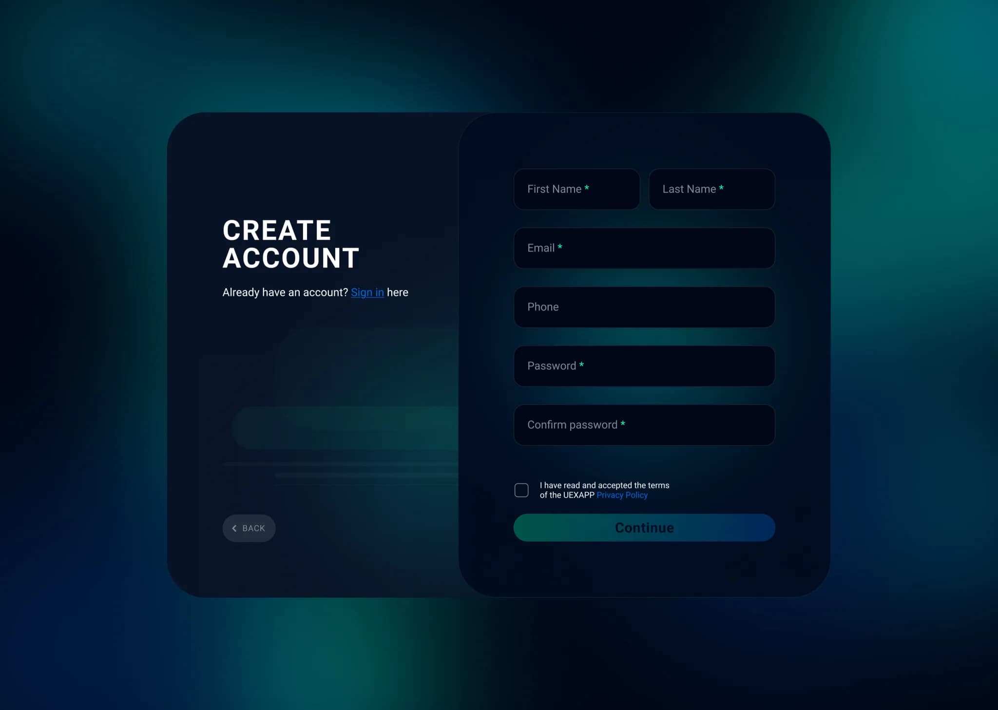 Create your account screen